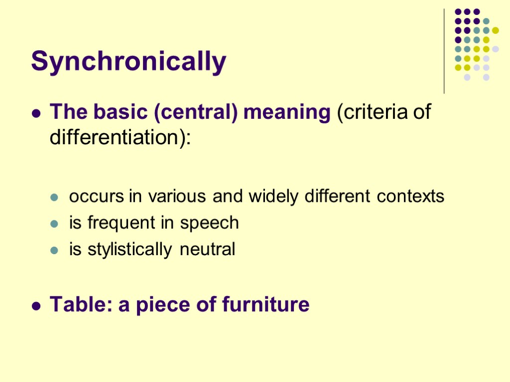 Synchronically The basic (central) meaning (criteria of differentiation): occurs in various and widely different